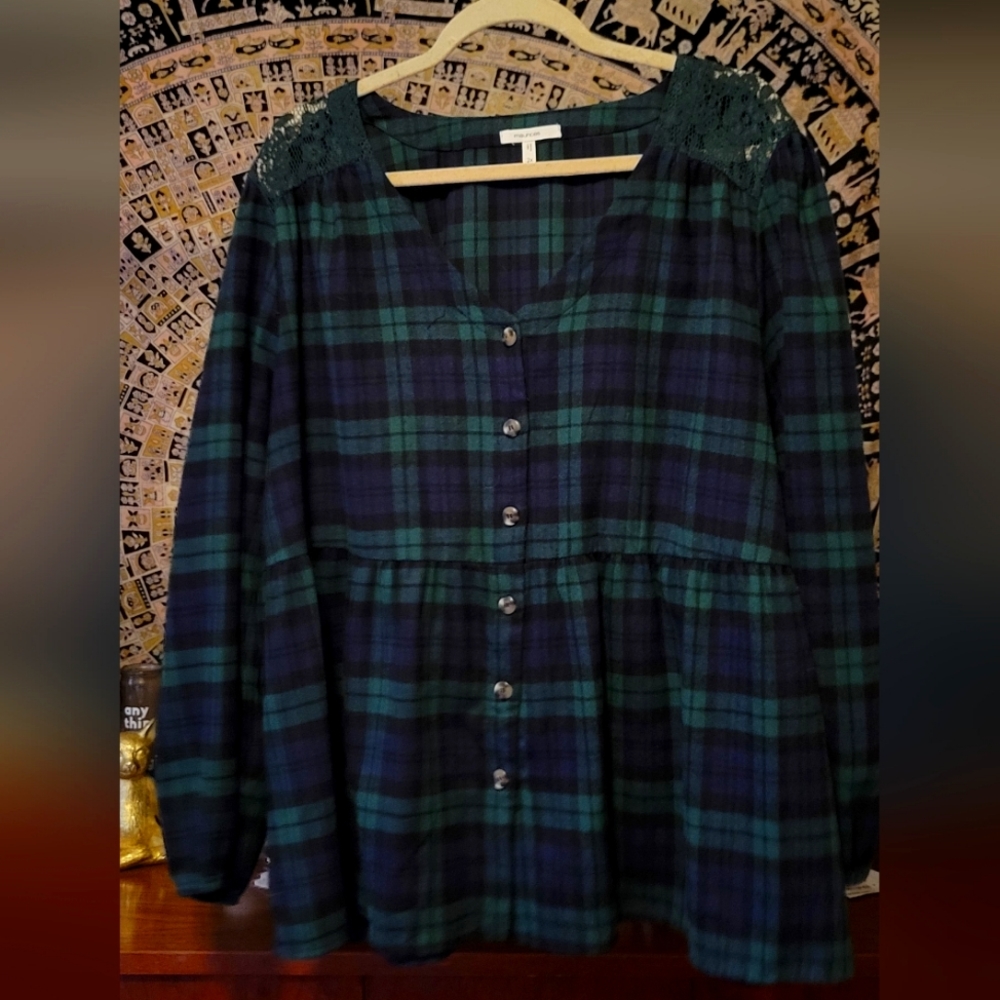 Maurices Babydoll Blue & Green Flannel Button Up Lace Shoulder Top